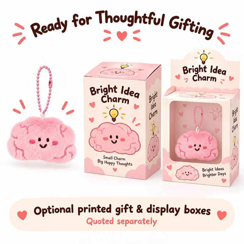 Pink Brain Plush Keychain — optional packaging concept; final artwork, fit and quotation require confirmation.