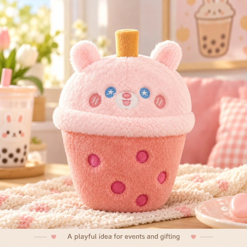 Illustrative application scene featuring pink bunny bubble tea cup plush; setting is a concept.