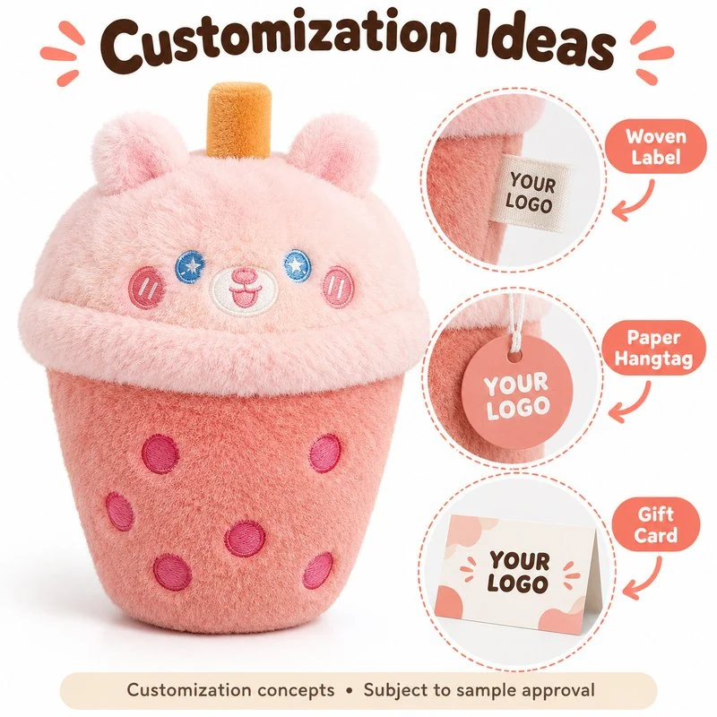 Customization concept for pink bunny bubble tea cup plush; feasibility and sample approval required.