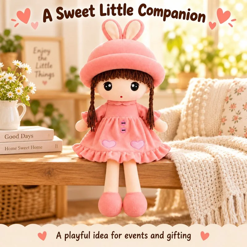 Illustrative application scene featuring pink bunny hat cloth doll; setting is a concept.
