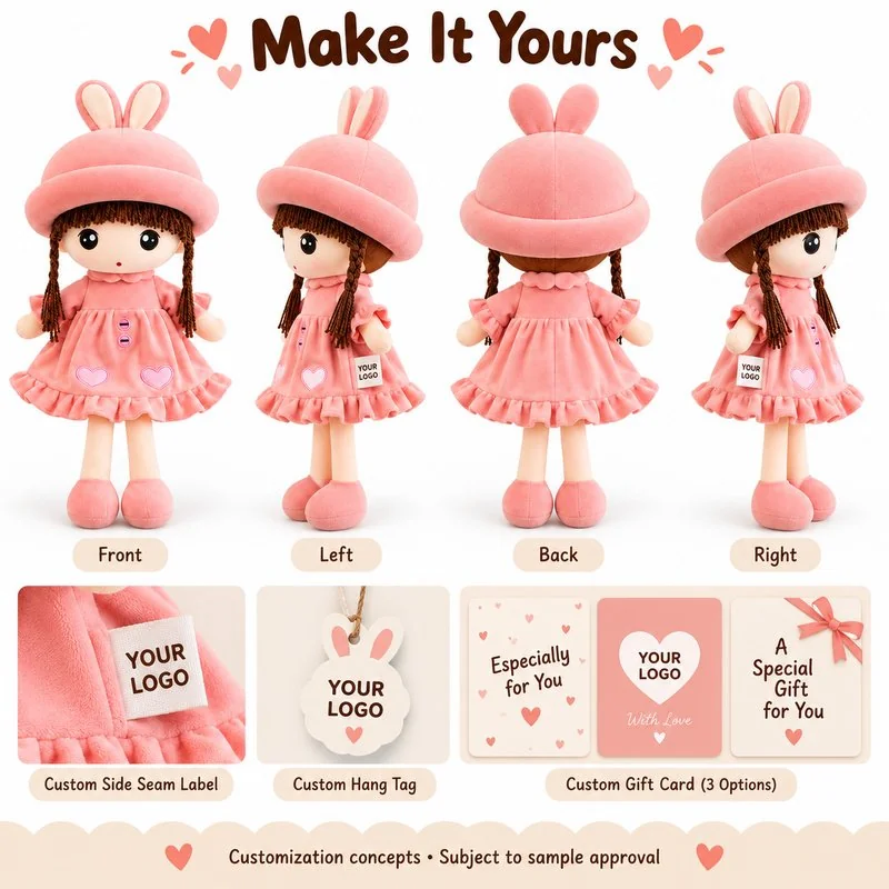 Customization concept for pink bunny hat cloth doll; feasibility and sample approval required.