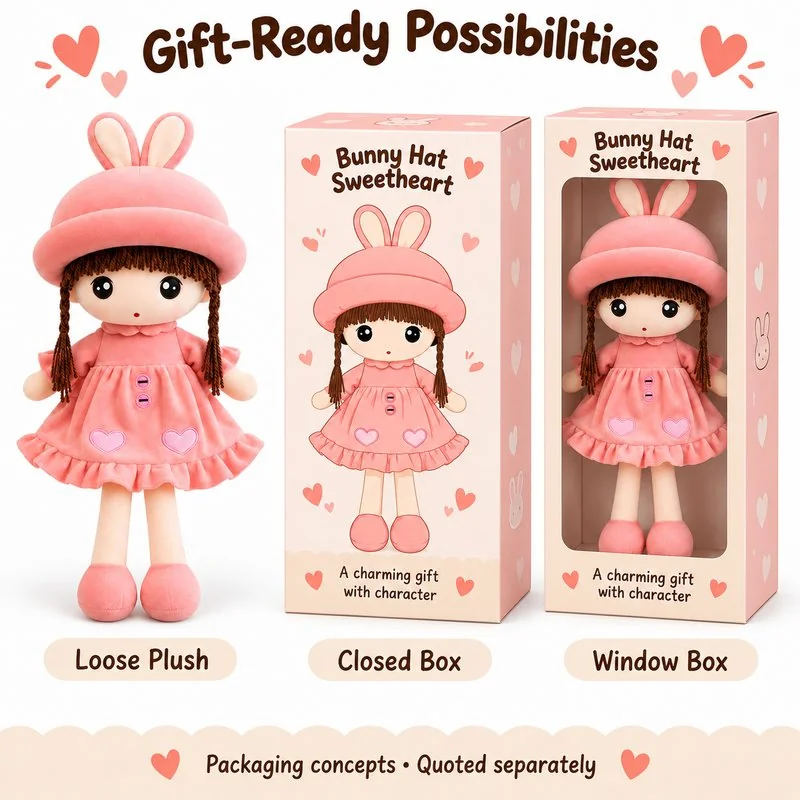 Pink Bunny Hat Cloth Doll — optional packaging concept; final artwork, fit and quotation require confirmation.