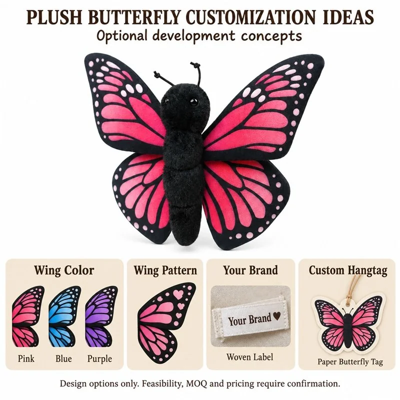 Customization concept for pink butterfly stuffed animal; feasibility and sample approval required.