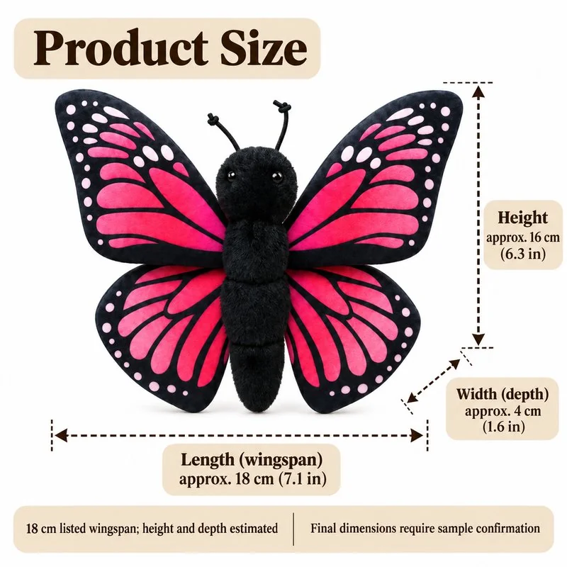 Pink Butterfly Stuffed Animal — proposed dimensions — confirm with sample