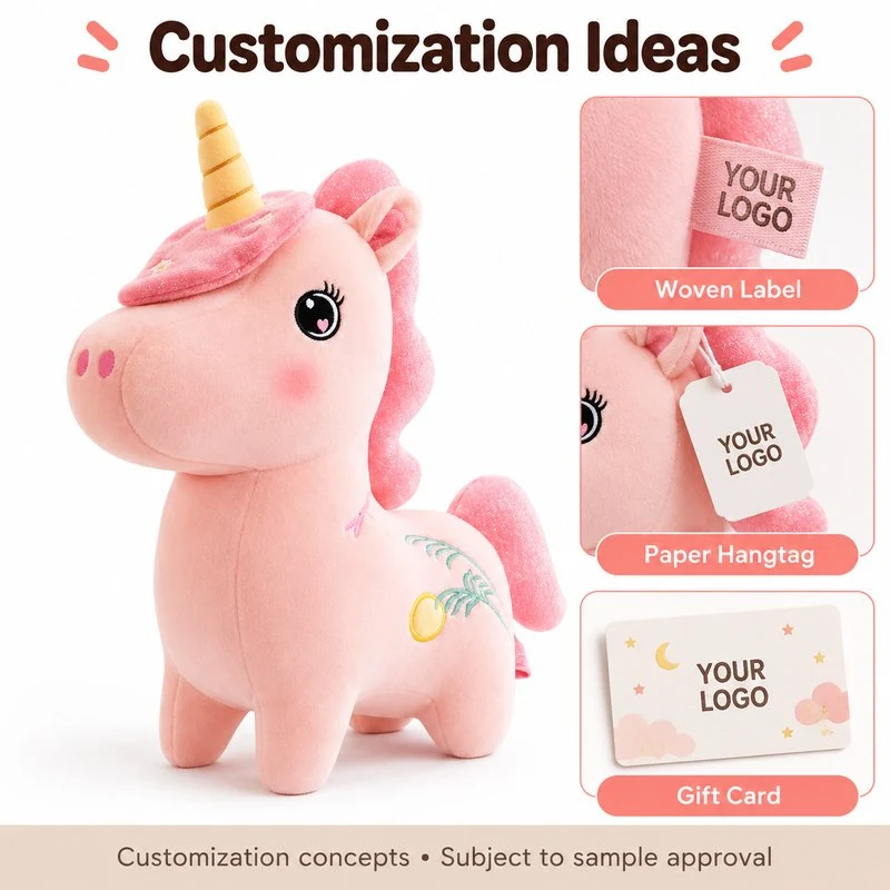 Customization concept for pink celestial unicorn plush; feasibility and sample approval required.