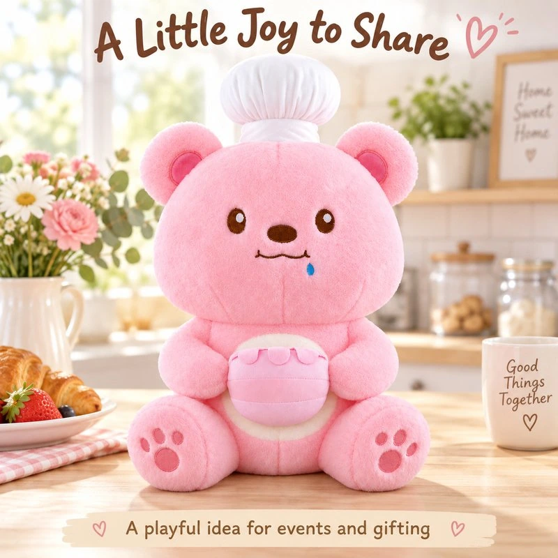 Illustrative application scene featuring pink chef bear with jar plush; setting is a concept.