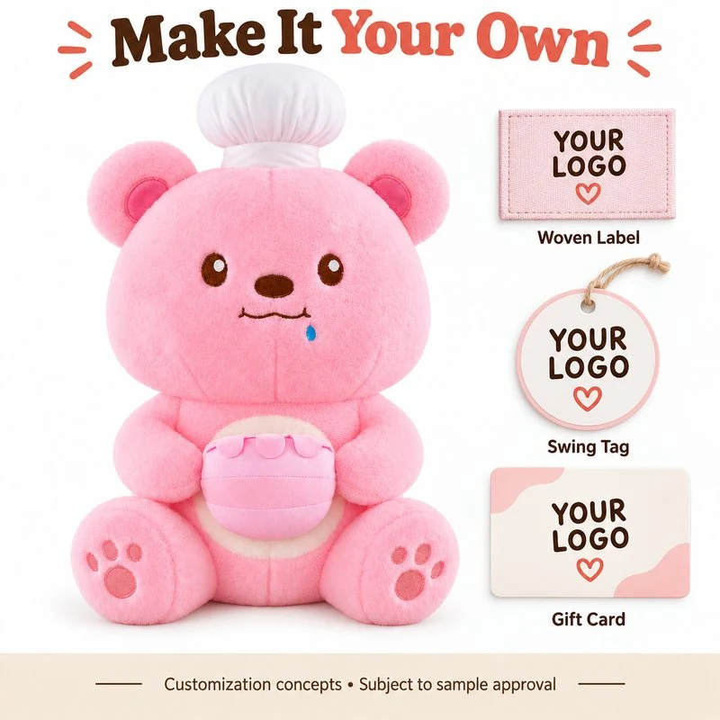 Customization concept for pink chef bear with jar plush; feasibility and sample approval required.