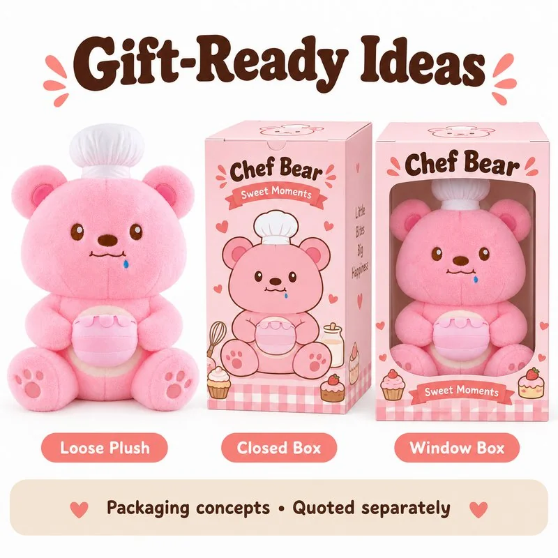 Pink Chef Bear With Jar Plush — optional packaging concept; final artwork, fit and quotation require confirmation.