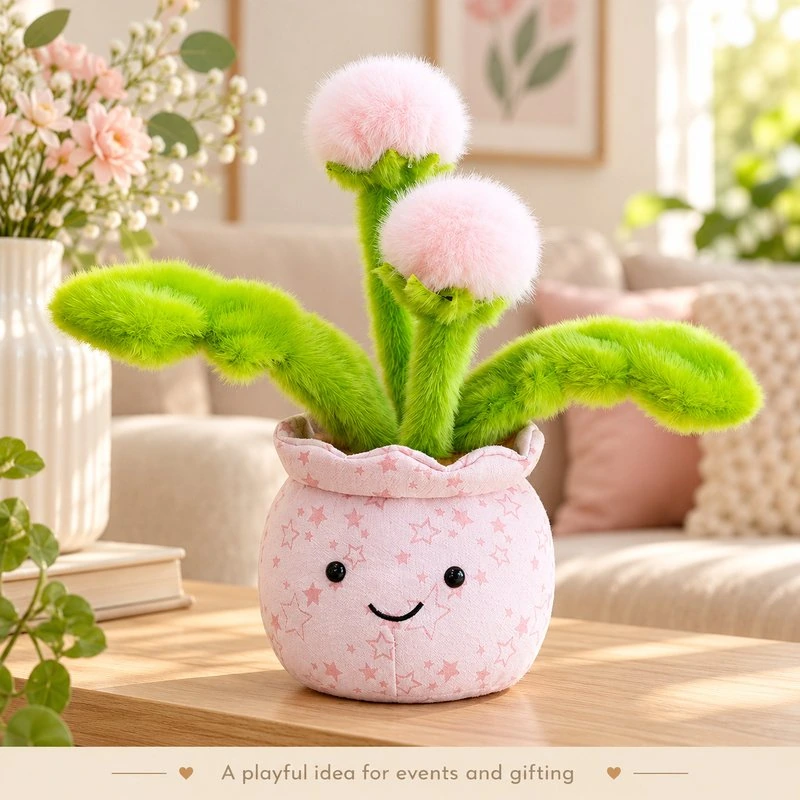 Illustrative application scene featuring pink pom pom flower pot plush; setting is a concept.