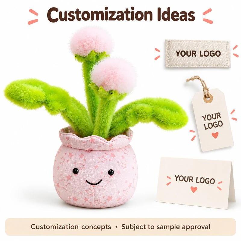 Customization concept for pink pom pom flower pot plush; feasibility and sample approval required.