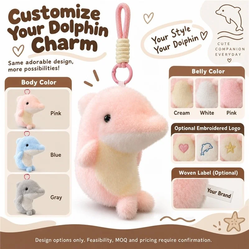 Customization concept for pink dolphin plush bag charm; feasibility and sample approval required.