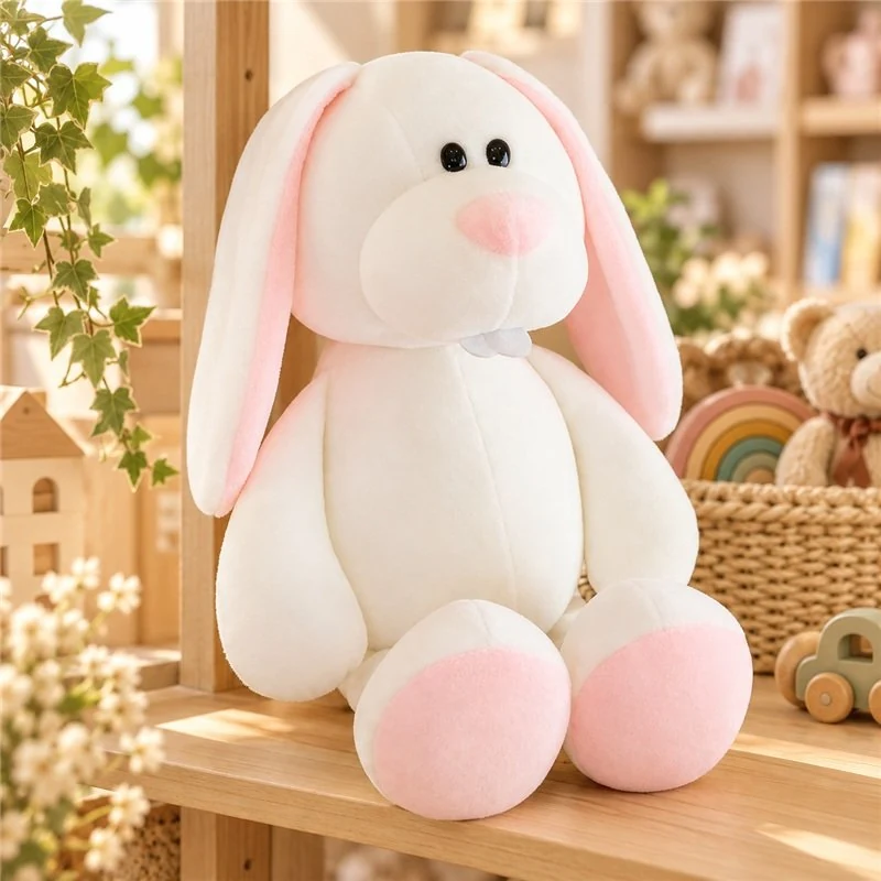 Illustrative application scene featuring pink eared white rabbit plush; setting is a concept.