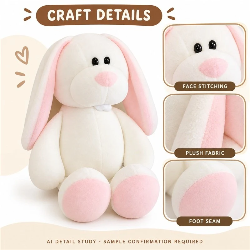 Pink Eared White Rabbit Plush — construction detail concept