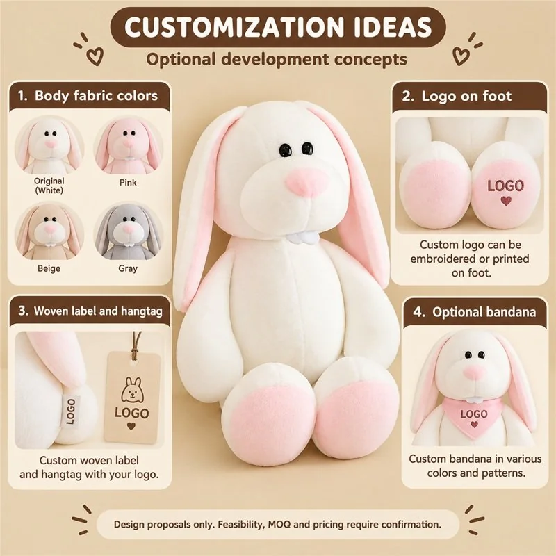 Customization concept for pink eared white rabbit plush; feasibility and sample approval required.