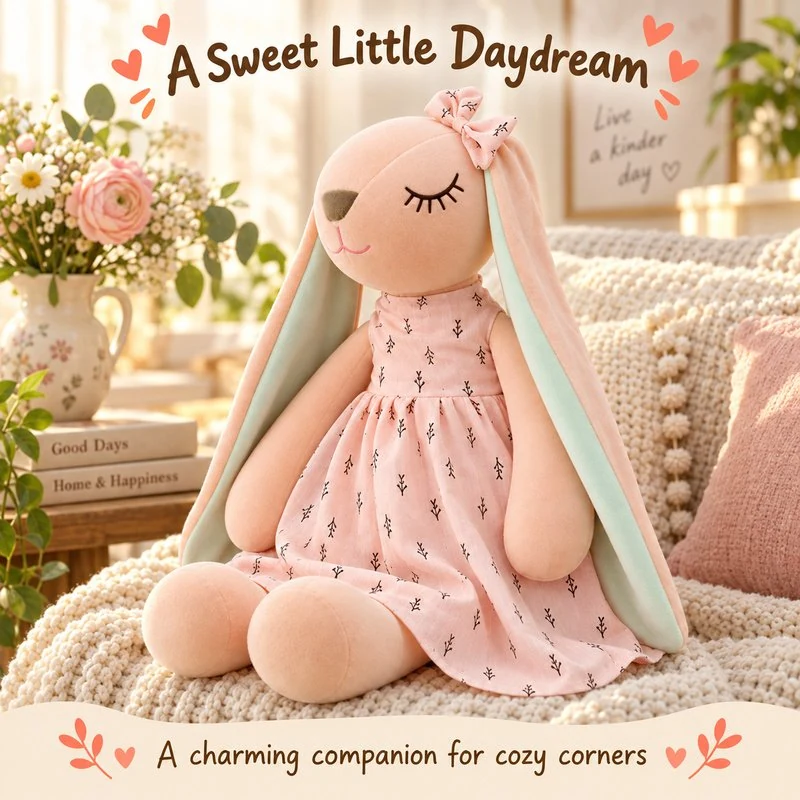 Illustrative application scene featuring pink floral dress long ear bunny plush; setting is a concept.