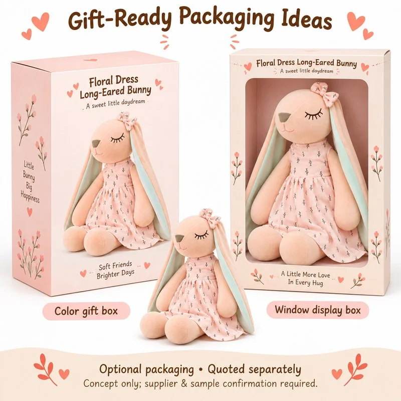 Pink Floral Dress Long Ear Bunny Plush — optional packaging concept; final artwork, fit and quotation require confirmation.