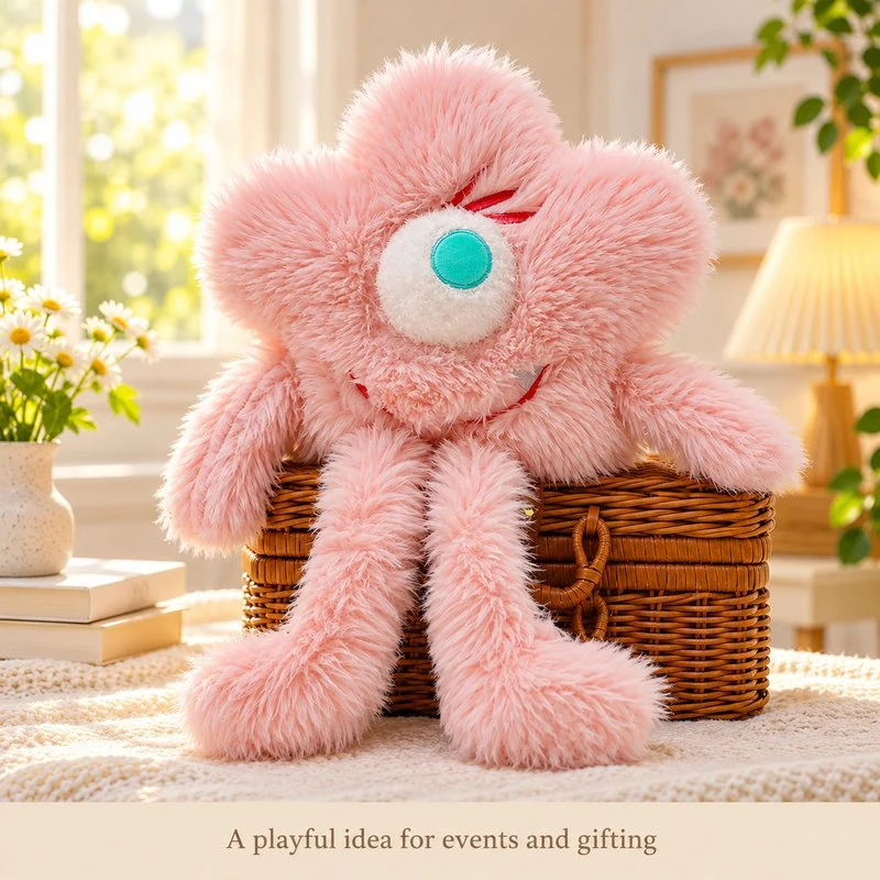 Illustrative application scene featuring pink flower head monster plush; setting is a concept.