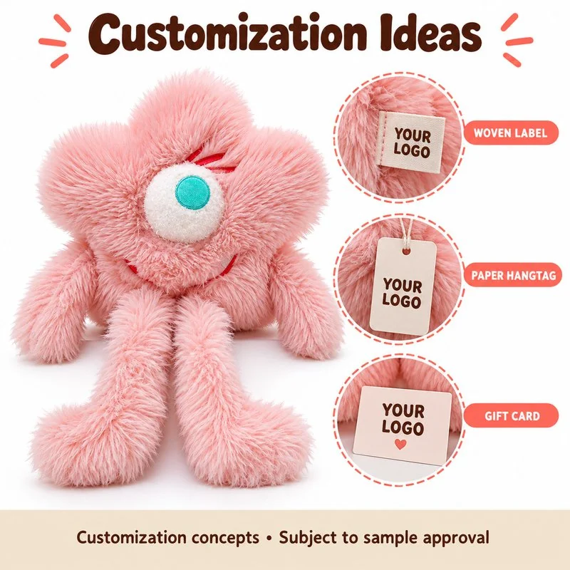 Customization concept for pink flower head monster plush; feasibility and sample approval required.