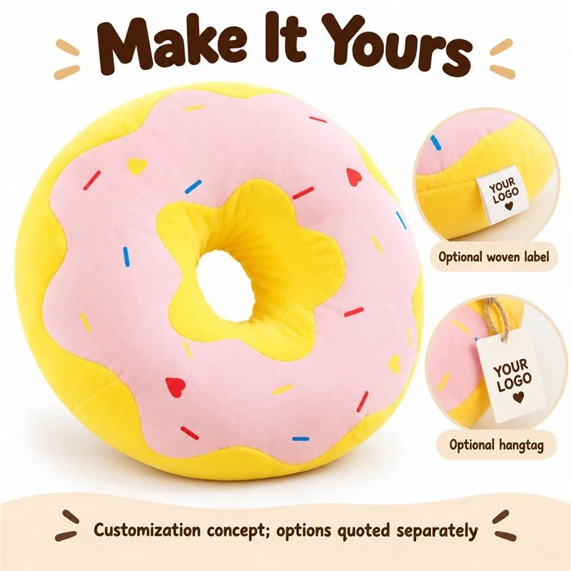 Customization concept for pink frosted donut plush pillow; feasibility and sample approval required.