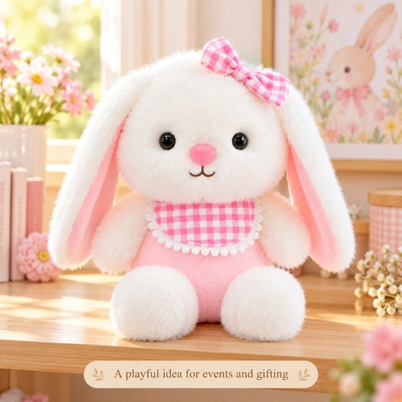 Illustrative application scene featuring pink gingham bib rabbit plush; setting is a concept.