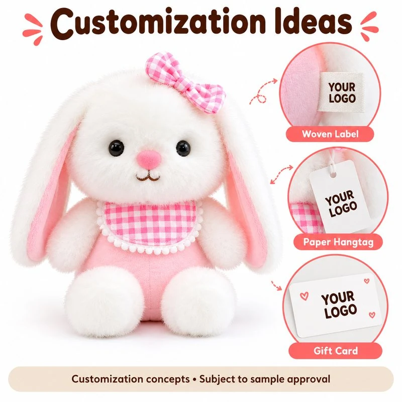 Customization concept for pink gingham bib rabbit plush; feasibility and sample approval required.