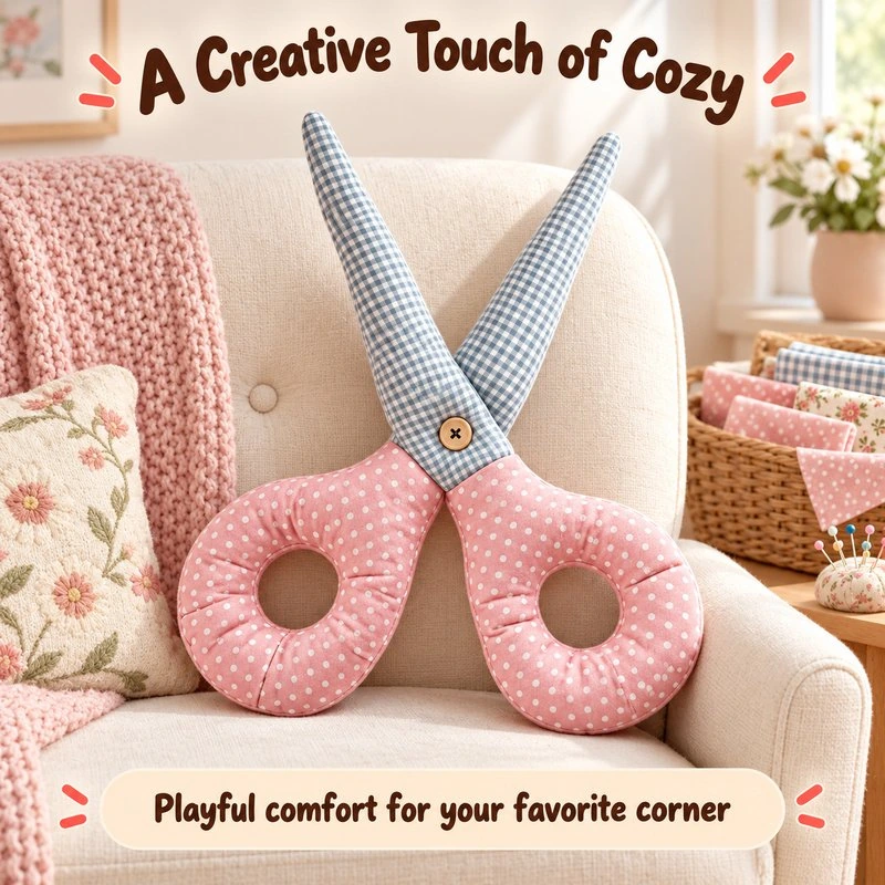 Illustrative application scene featuring pink gingham scissors plush pillow; setting is a concept.