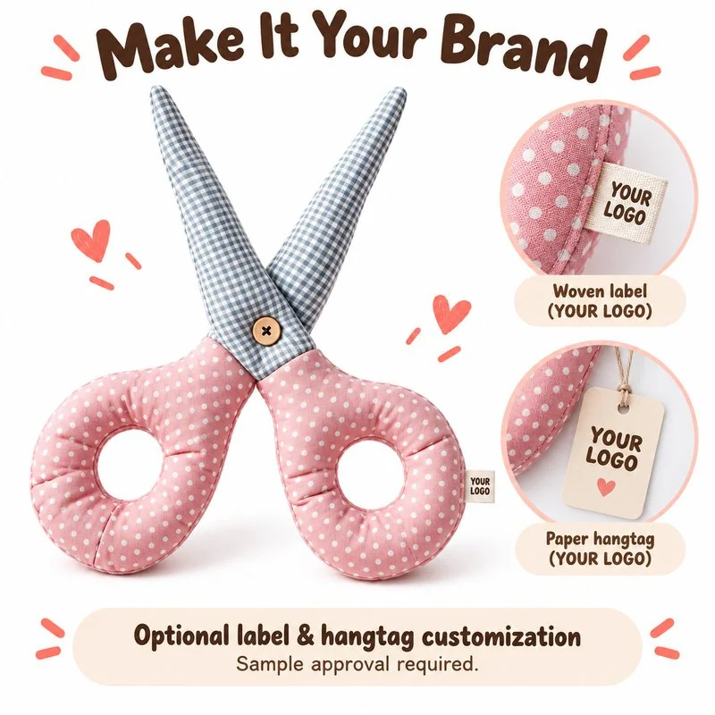 Customization concept for pink gingham scissors plush pillow; feasibility and sample approval required.