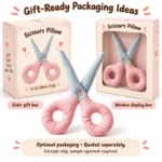 Pink Gingham Scissors Plush Pillow — optional packaging concept; final artwork, fit and quotation require confirmation.
