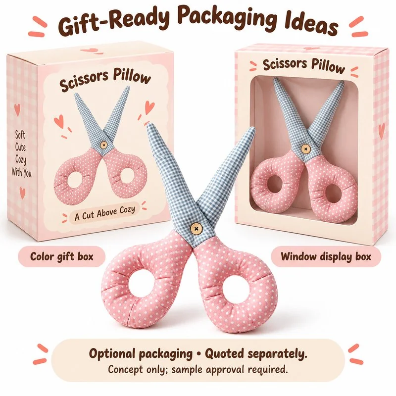 Pink Gingham Scissors Plush Pillow — optional packaging concept; final artwork, fit and quotation require confirmation.