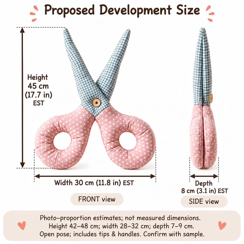 Pink Gingham Scissors Plush Pillow — proposed size reference; dimensions require sample confirmation.