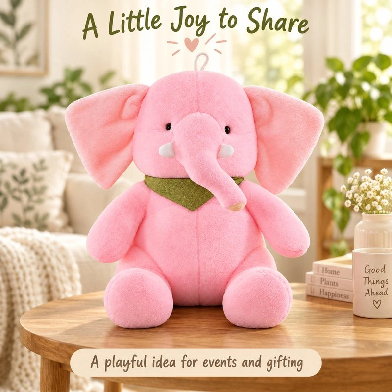 Illustrative application scene featuring pink green bandana elephant plush; setting is a concept.