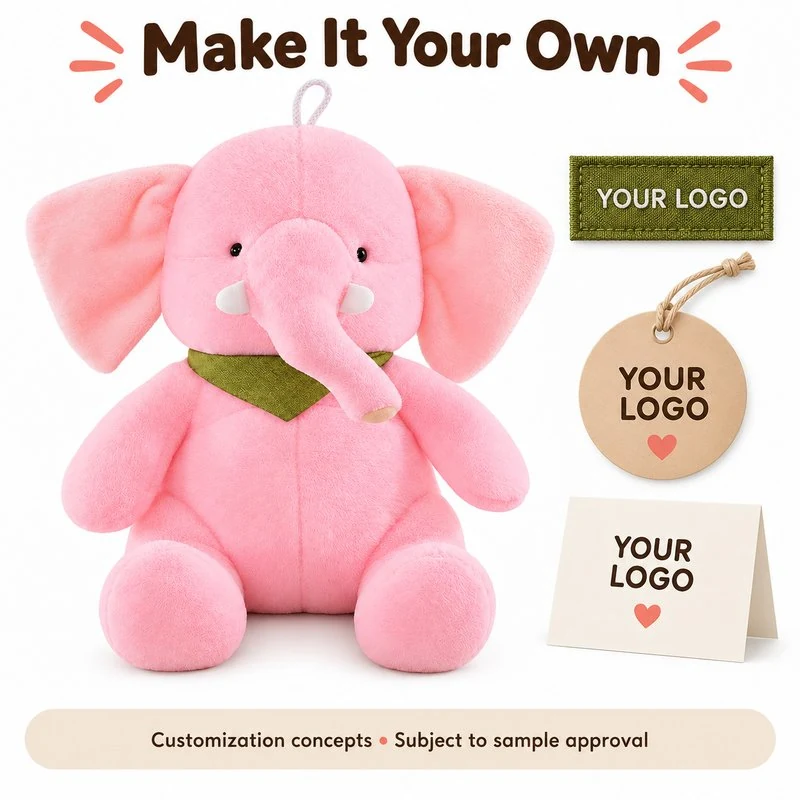Customization concept for pink green bandana elephant plush; feasibility and sample approval required.