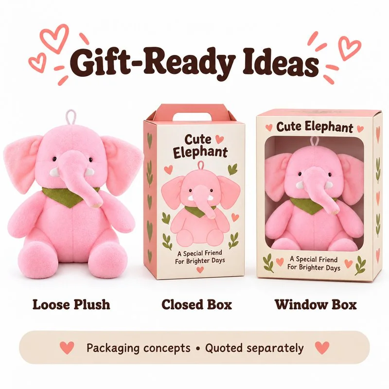 Pink Green Bandana Elephant Plush — optional packaging concept; final artwork, fit and quotation require confirmation.