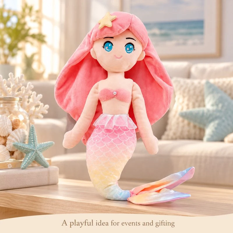 Illustrative application scene featuring pink hair rainbow tail mermaid plush; setting is a concept.