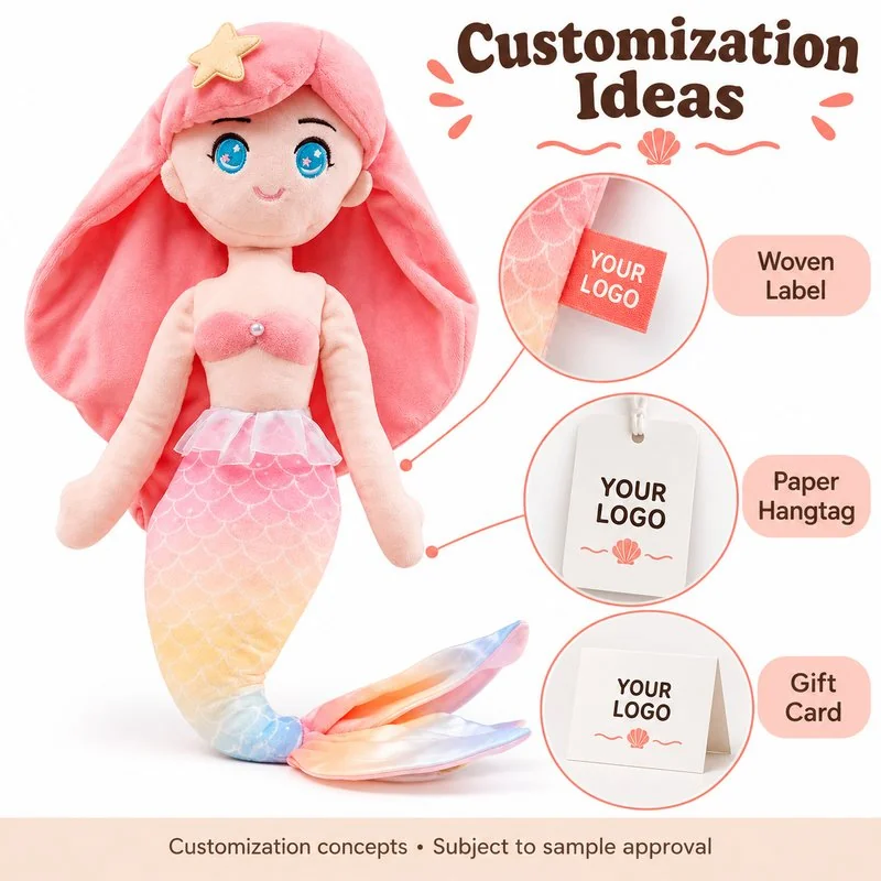 Customization concept for pink hair rainbow tail mermaid plush; feasibility and sample approval required.