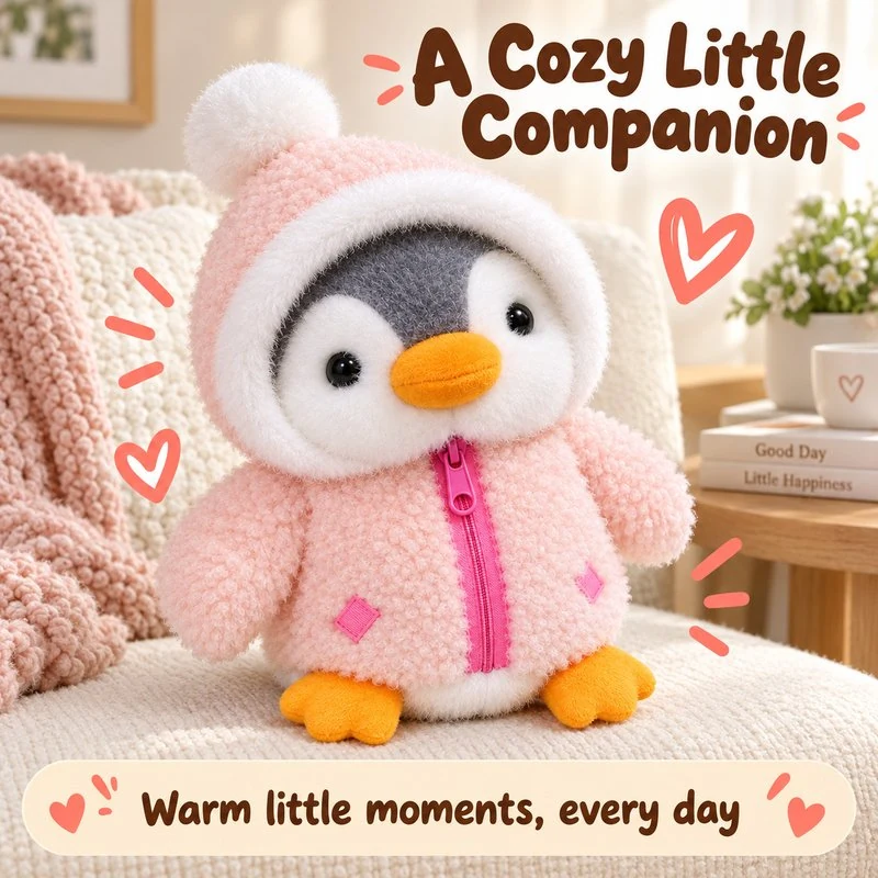 Illustrative application scene featuring pink hooded penguin plush; setting is a concept.