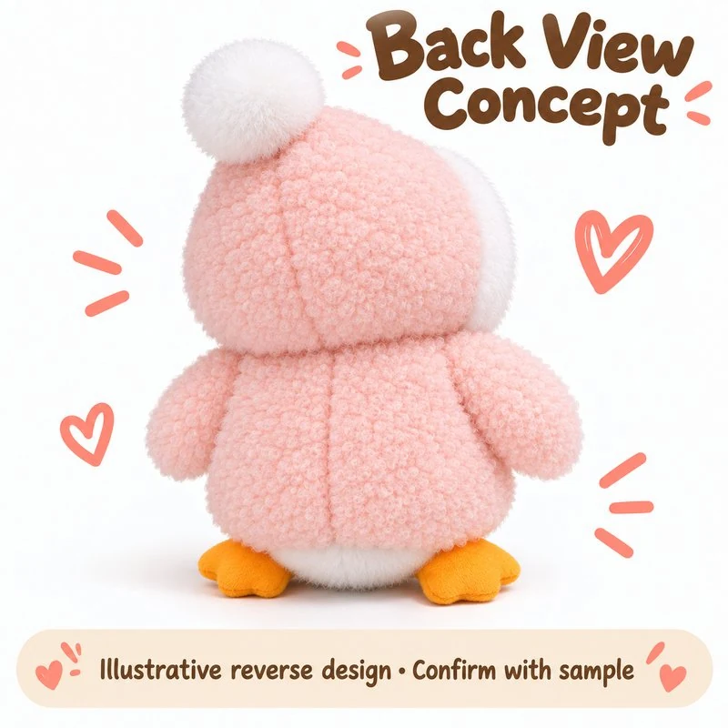 Back view concept of the pink hooded penguin plush, showing the hood and pink outfit.