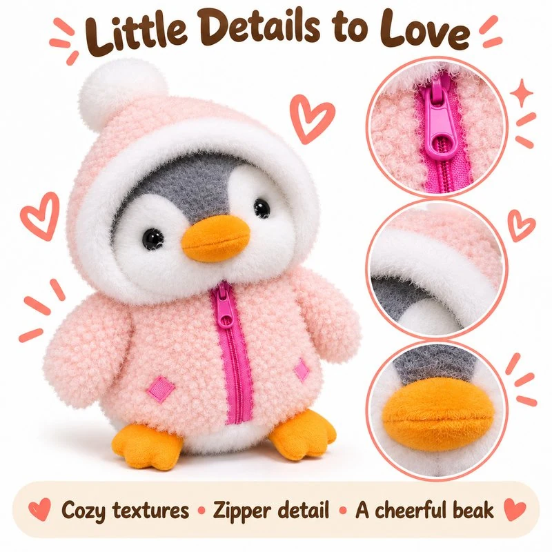 Illustrated design details of the pink hooded penguin plush; final construction requires sample approval.