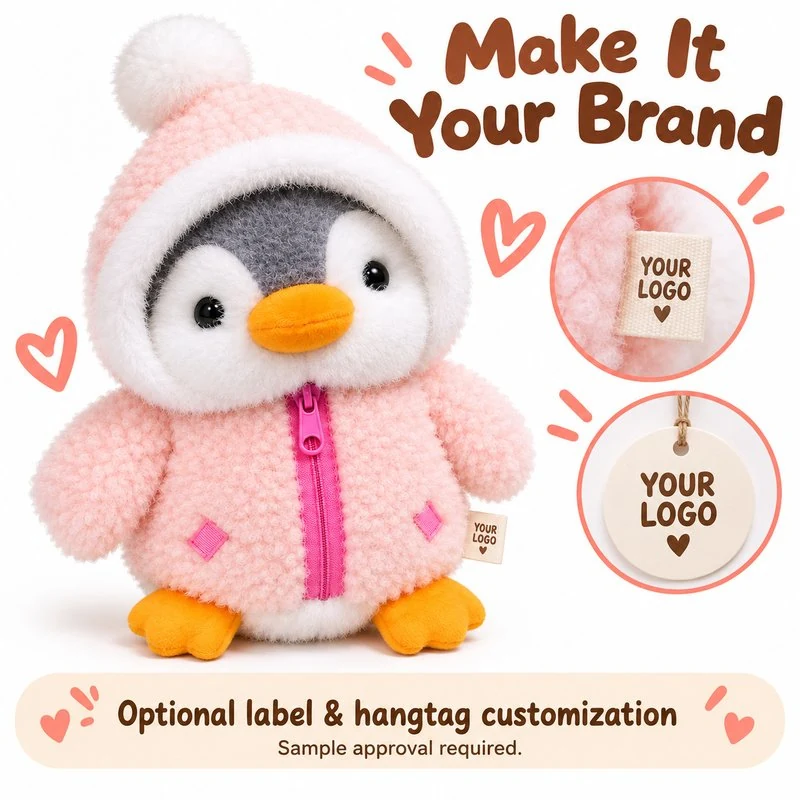 Customization concept for pink hooded penguin plush; feasibility and sample approval required.