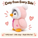 Side view concept of a pink hooded penguin plush with a white face and yellow beak.