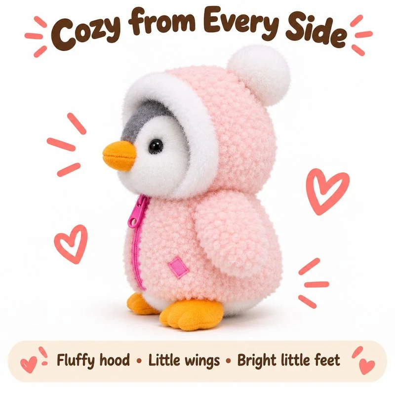 Side view concept of a pink hooded penguin plush with a white face and yellow beak.