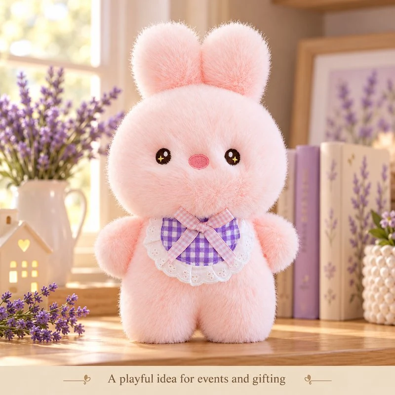 Illustrative application scene featuring pink lace bib bunny plush; setting is a concept.