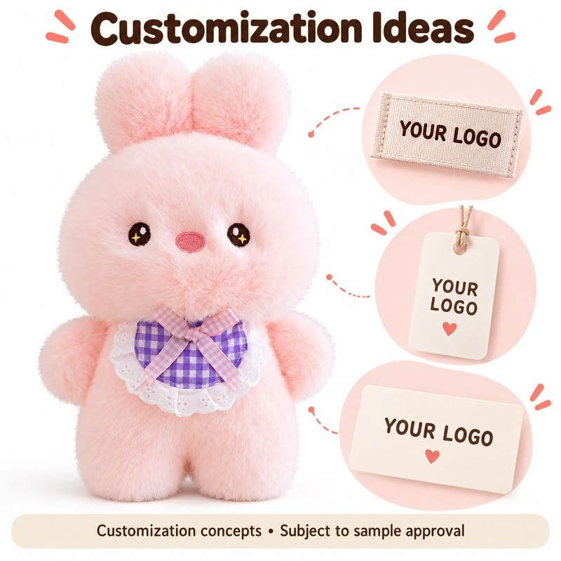 Customization concept for pink lace bib bunny plush; feasibility and sample approval required.