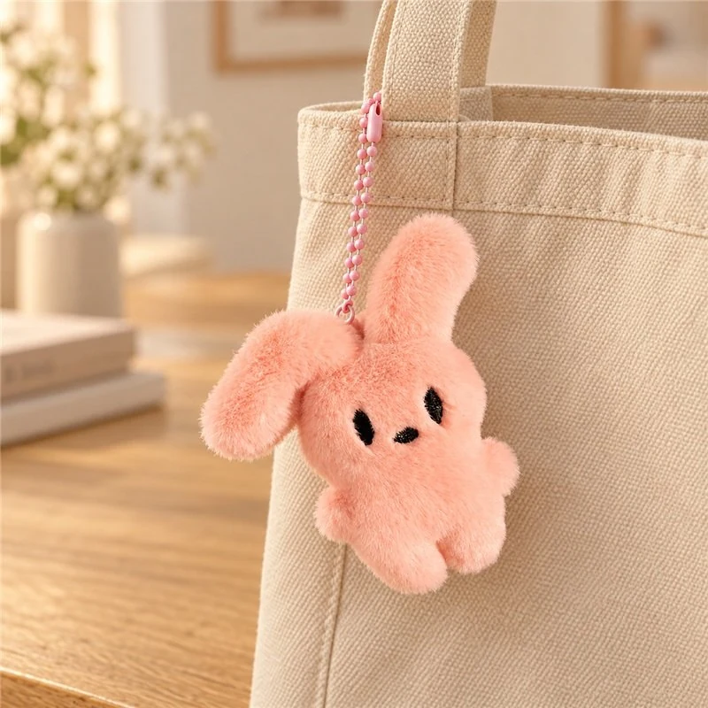 Illustrative application scene featuring pink long ear bunny plush keychain; setting is a concept.
