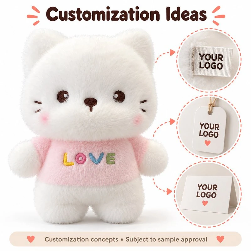 Customization concept for pink love shirt cat plush; feasibility and sample approval required.