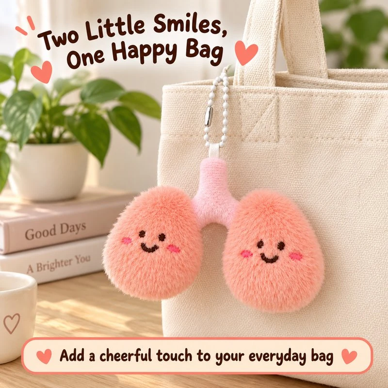 Illustrative application scene featuring pink lungs plush keychain; setting is a concept.