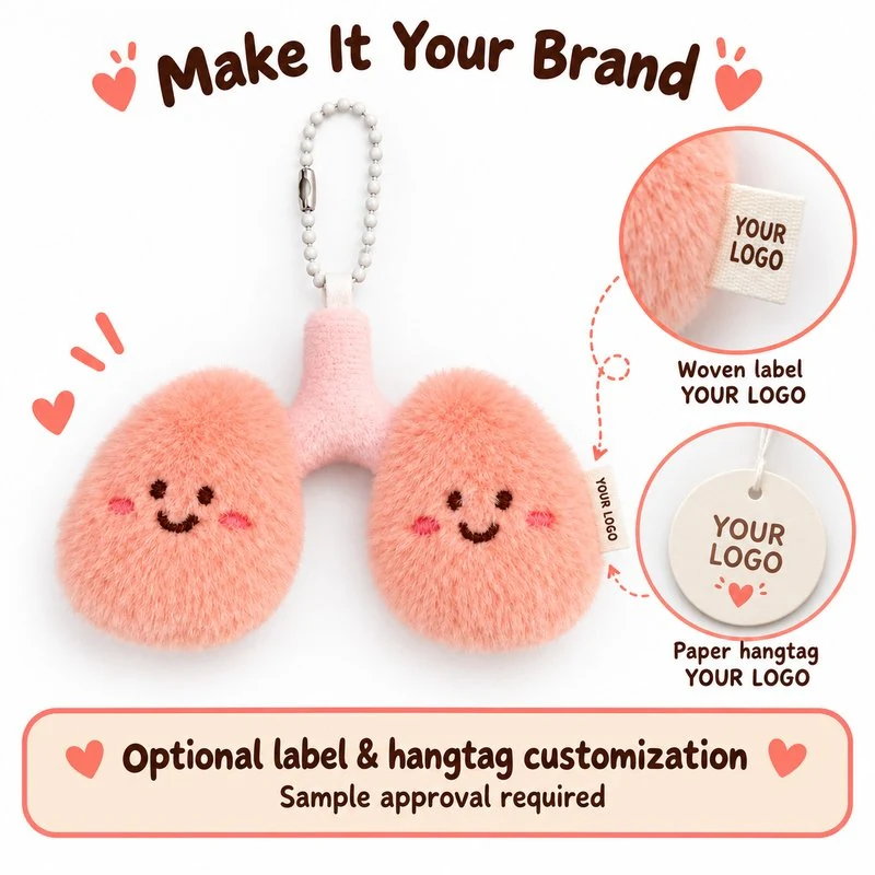 Customization concept for pink lungs plush keychain; feasibility and sample approval required.