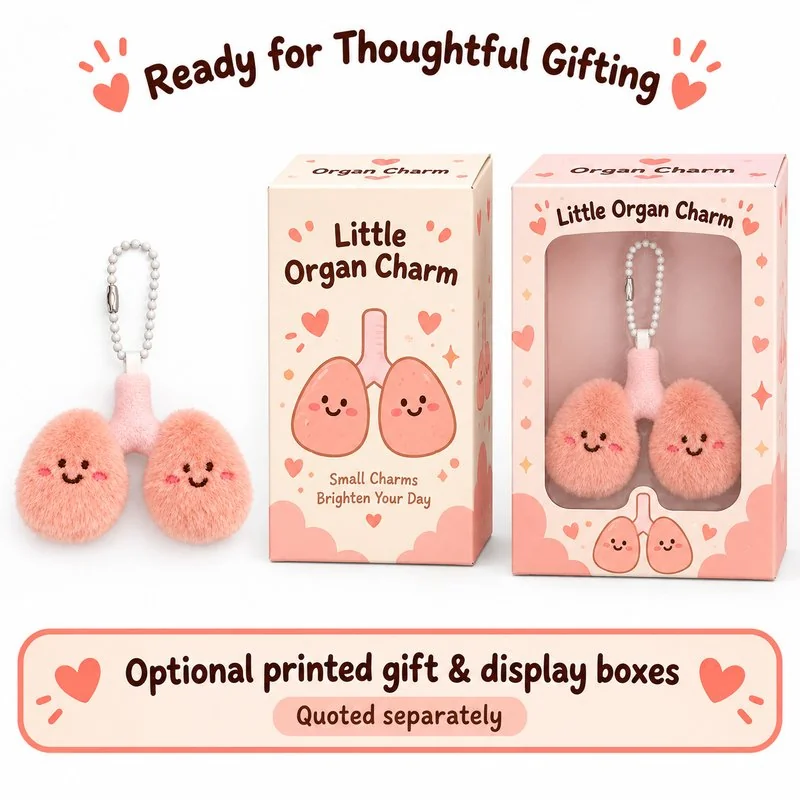 Pink Lungs Plush Keychain — optional packaging concept; final artwork, fit and quotation require confirmation.