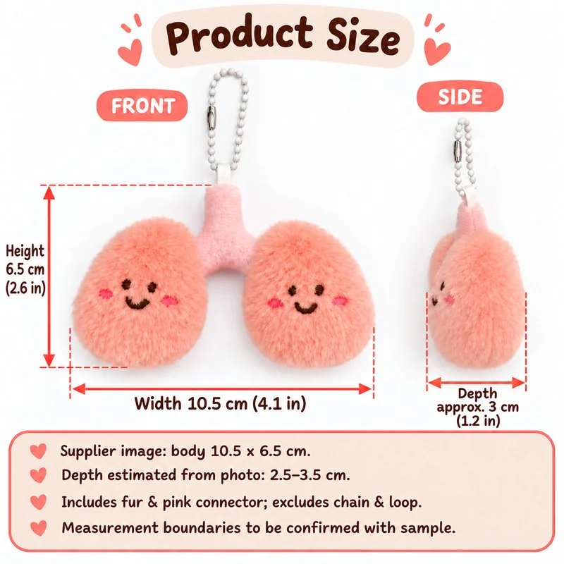 Pink Lungs Plush Keychain — proposed size reference; dimensions require sample confirmation.