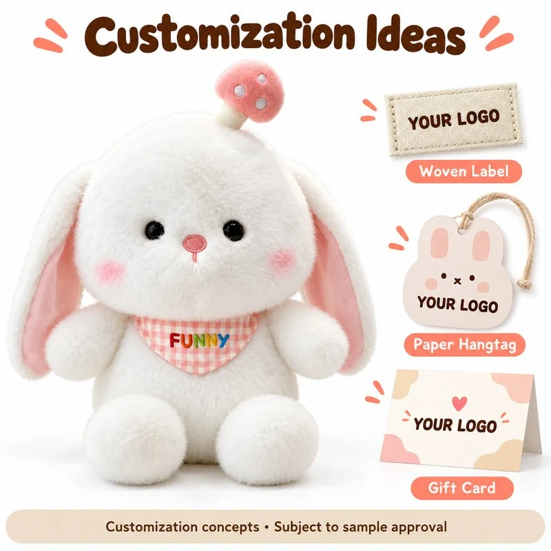 Customization concept for pink mushroom white bunny plush; feasibility and sample approval required.